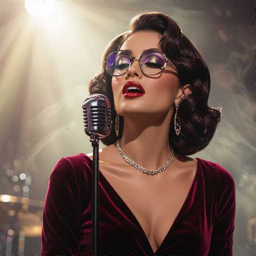 A woman with long brown hair is singing into a microphone on stage wearing a red dress and glasses.