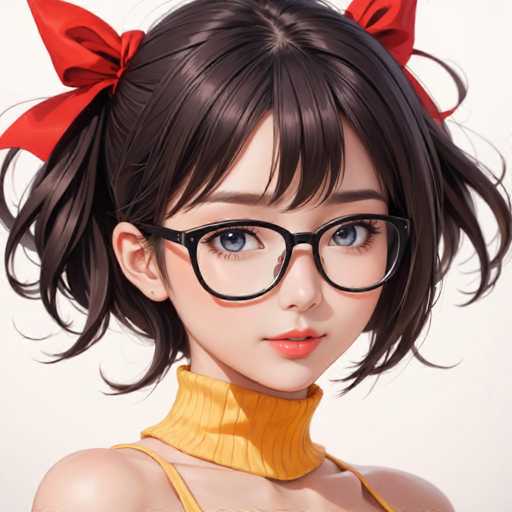 A young woman with dark hair and red bow on her head is the main subject of this digital illustration. She is wearing a yellow shirt and has glasses that add an intellectual touch to her appearance. The background is plain white, which contrasts nicely with the vibrant colors of the girl's outfit and accessories.