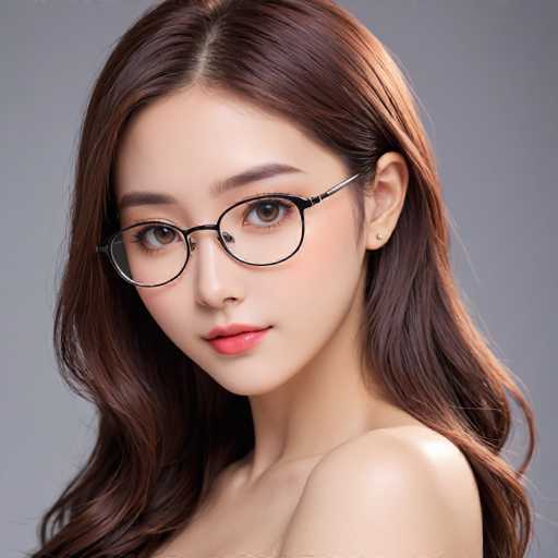 The image shows a young woman with long brown hair wearing glasses and red lipstick on her lips. She is looking directly at the camera with an expression of concentration or thoughtfulness. The background is a plain gray color that puts the focus entirely on the subject.