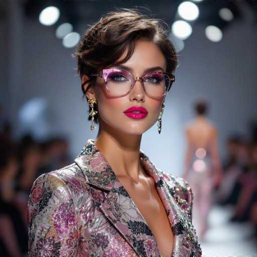 A woman is the main subject in this image. She's wearing a pink and gold floral blazer over a white shirt with a black collar. The blazer has a unique pattern of pink and gold flowers on it. The woman also has long dark hair styled in an updo, and she's wearing large, colorful glasses that stand out against her face. In the background, there are other people present but they are blurred and not the focus of the image.