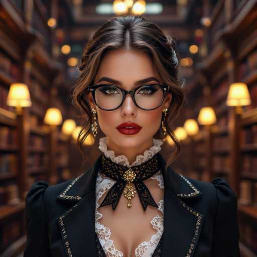 The image shows a woman wearing glasses and a black jacket with gold accents. She has her hair styled in an elegant updo and is looking directly at the camera. The background features a large bookshelf filled with numerous books of various sizes and colors.