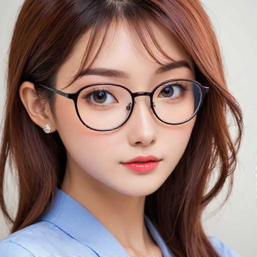 The image shows a young woman with long brown hair wearing glasses and a blue blouse. She is looking directly at the camera with an expression of concentration or thoughtfulness on her face.