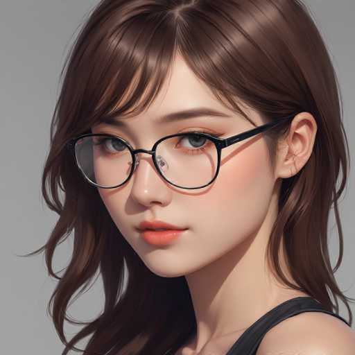 The image shows a close-up portrait of a young woman with long brown hair and glasses on her face. She is wearing a black tank top against a gray background. The woman's gaze is directed off to the side, giving an impression of contemplation or deep thought.