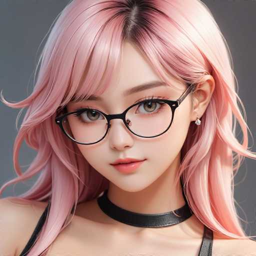 The image shows a close-up portrait of a young woman with pink hair styled in loose curls and wearing glasses. The woman is looking directly at the camera, creating an engaging visual connection between her and the viewer.