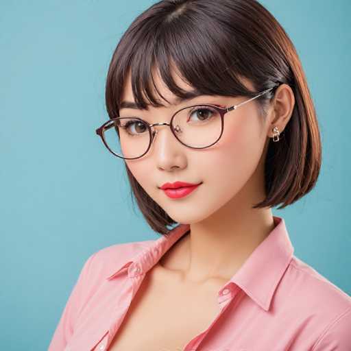 A young woman with short brown hair and bangs is wearing a pink shirt and red lipstick. She has glasses on her face that reflect light, adding depth to the image. The background is a solid blue color, providing a stark contrast to the woman's features.