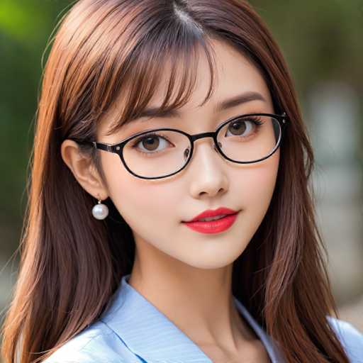 The image shows a close-up portrait of a young woman with long brown hair and glasses. She is wearing a blue shirt that contrasts with her dark hair. The woman's face is the main focus of the image, and she has striking red lipstick on her lips.