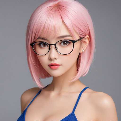 A young woman with pink hair and a blue top is the main subject of this image. She has her eyes closed and is looking directly at the camera. The background is a plain gray color that puts the focus on the woman's face and upper body.