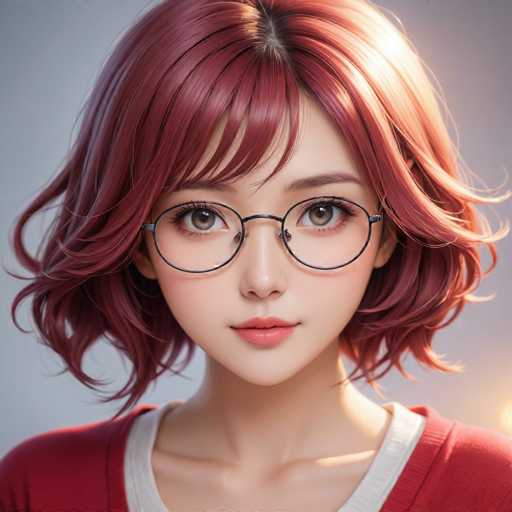 The image shows a close-up portrait of a young woman with red hair styled in loose curls and wearing glasses. The background is a plain white color that contrasts with the vibrant red hair of the subject.