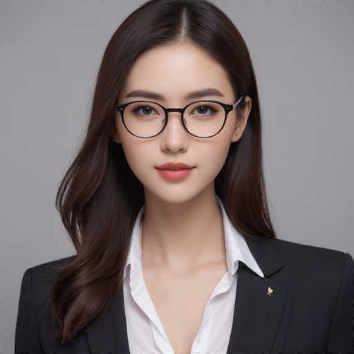 The image shows a woman with long brown hair wearing glasses and a white blouse against a gray background.