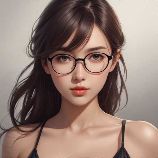 The image shows a close-up portrait of a young woman with long brown hair and glasses on her face. She is wearing a black top that contrasts with the light background. The woman's gaze is directed straight at the camera, creating an engaging visual connection between the viewer and the subject.