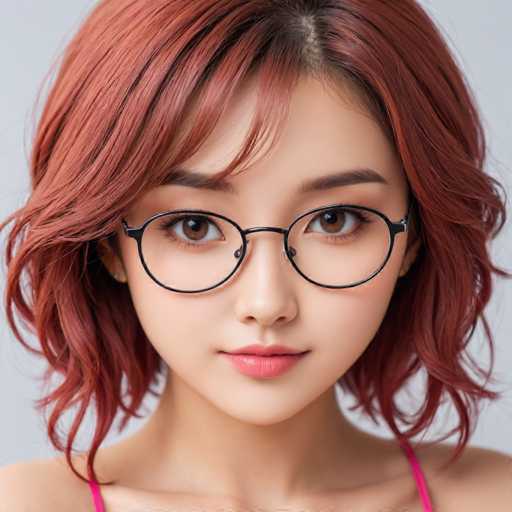 A young woman with red hair wearing black glasses and a pink top is the main subject of this image. The background is a plain white color that puts the focus entirely on her face and upper body.