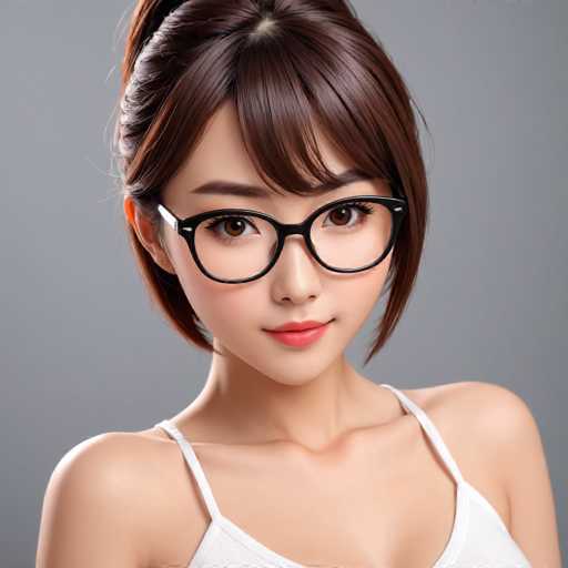 A young woman with shoulder-length brown hair is wearing a white tank top and black glasses against a gray background.