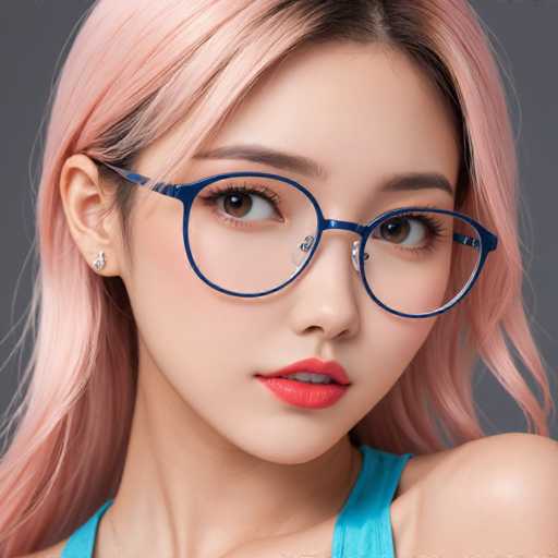 The image shows a young woman with pink hair wearing blue glasses and a blue tank top. She is looking off to the side, giving a sideways glance. The background of the image is gray, providing a neutral backdrop that allows the focus to remain on the subject.