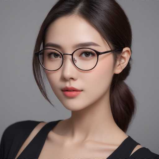 The image shows a close-up portrait of a young woman wearing glasses and a black top. The woman's face is the main focus, with her eyes looking directly at the camera. Her hair is styled in a ponytail, adding to her overall appearance.