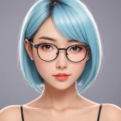 A woman with blue hair wearing glasses and a black top is shown against a gray background.