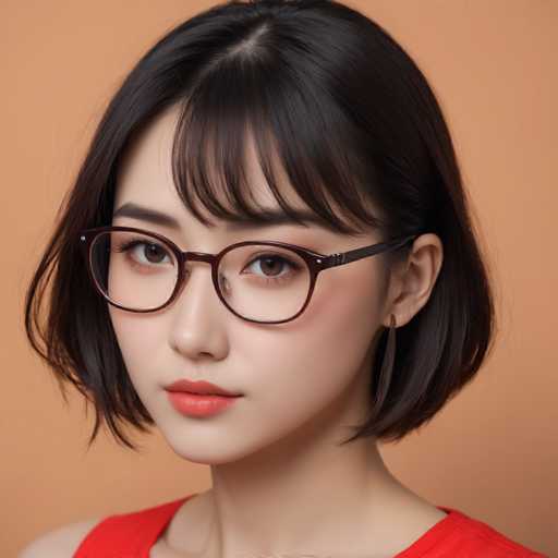 A young woman with short black hair is the main subject of this image. She is wearing a vibrant red dress and has her eyes focused on the camera, giving off an air of confidence and style. The background is a simple orange color that contrasts nicely with her dark hair, making it stand out even more.