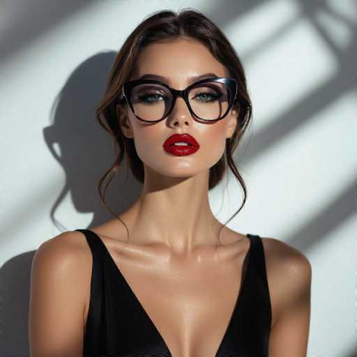 A woman with long brown hair is wearing a black dress and glasses. She has red lipstick on her lips and is looking directly at the camera. The background appears to be white, which contrasts with the dark colors of the woman's attire and makeup.