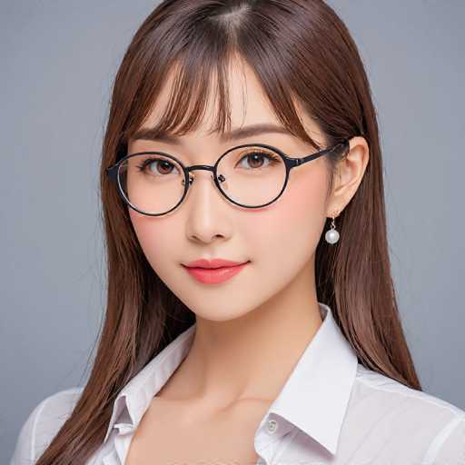 A young woman with long brown hair is wearing a white collared shirt and black glasses. She has pink lips and her eyes are looking directly at the camera.