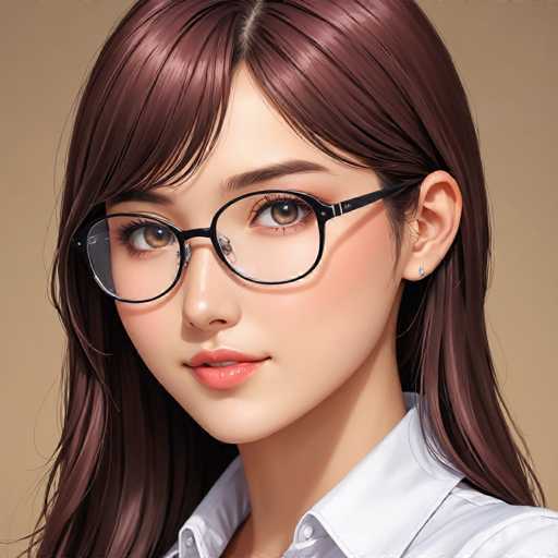 The image shows a close-up portrait of a young woman with long brown hair and glasses on her face. She is wearing a white collared shirt against a beige background. The artist's signature "sa_1496" can also be seen in the bottom right corner of the image.