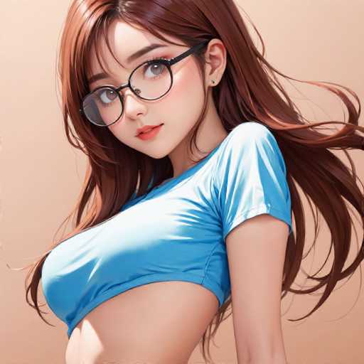 A woman with long brown hair and glasses is shown wearing a blue shirt against a light beige background.