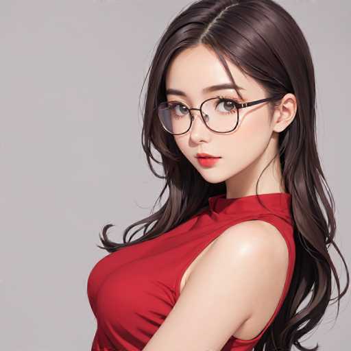 The image shows a close-up portrait of a woman with long brown hair wearing a red dress and glasses. The background is a plain gray color that puts the focus on the subject's face and upper body.