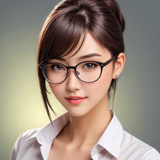 A young woman with brown hair is wearing a white collared shirt and black glasses. She has her chin resting on her hand and is looking directly at the camera.