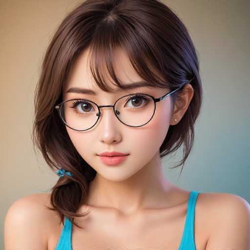 The image shows a close-up portrait of a young woman wearing glasses and a blue tank top. The woman's hair is styled in a ponytail, adding an element of casualness to her appearance. She has dark brown hair that falls over her shoulders, giving her a unique look. The background is a light beige color, which contrasts with the woman's dark hair and adds depth to the image.