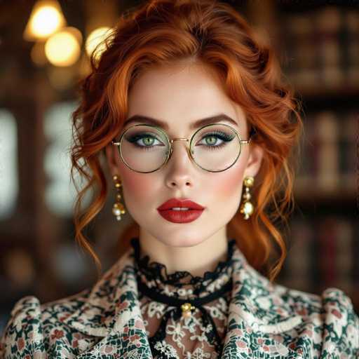 The image shows a woman with red hair wearing glasses and a green and gold necklace. She is dressed in a floral patterned jacket that complements her vibrant hair color. The background features a bookshelf filled with various books, suggesting an intellectual or academic setting.