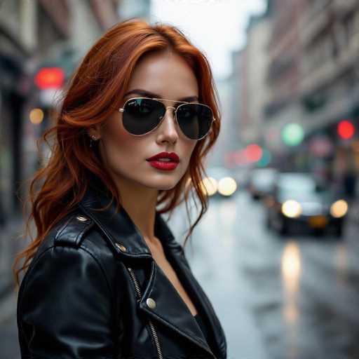 A woman with red hair and a black leather jacket is standing on the sidewalk of a city street at night. She is wearing sunglasses and has her hair styled in loose waves. The background shows cars driving by and buildings lining the street.