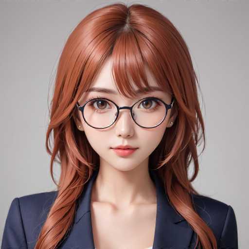 A young woman with long red hair wearing glasses and a blue blazer is the central focus of this image.