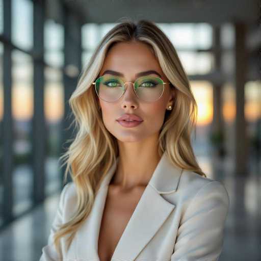 The image shows a woman with blonde hair wearing glasses and a white blazer. She is standing against the backdrop of a glass wall that reflects the light from above, creating an interesting visual effect. The woman's gaze is directed straight at the camera, giving off an air of confidence and poise.