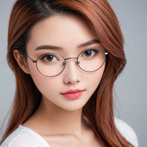 The image shows a close-up portrait of a young woman with long red hair wearing glasses and lipstick on her lips. The background is a plain gray color that puts the focus entirely on the subject.