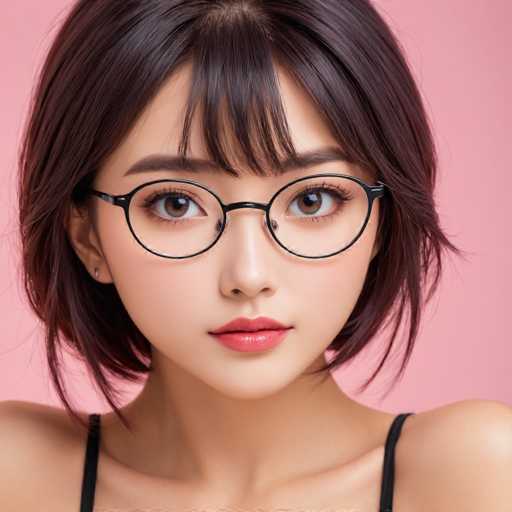 The image shows a close-up portrait of a young woman with dark hair and glasses. She is wearing a black top that contrasts with her light skin tone. The background is a soft pink color, which complements the woman's appearance. The woman appears to be looking directly at the camera, giving off an air of confidence and self-assurance.