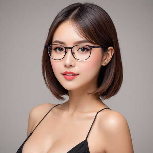 A young woman with short brown hair and a black bra strap is the main subject of this image. She is wearing glasses that add an intellectual touch to her appearance. The background is a plain gray color, which contrasts nicely with her dark hair and makes her stand out.