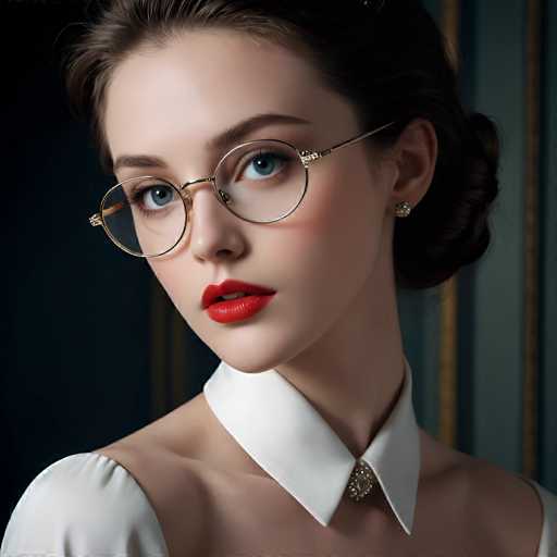 A woman with long brown hair is wearing a white collared shirt and red lipstick. She has her eyes closed and is looking directly at the camera. The background features a dark blue color that contrasts with the woman's attire.