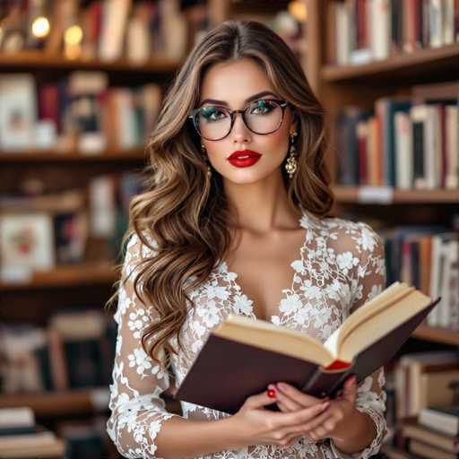 A woman with long brown hair is standing in a library surrounded by bookshelves filled with various books of different sizes and colors. She is wearing a white dress that contrasts with the dark wooden shelves behind her. The woman has glasses on her face and red lipstick, giving her an elegant appearance. In her hands, she holds a book open to reveal its pages.