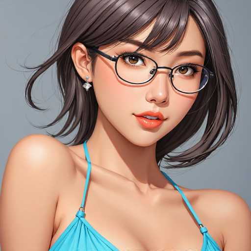 The image shows a close-up portrait of a woman wearing a blue bikini top and glasses with a gold frame. The woman's face is the main focus, with her eyes looking directly at the camera.