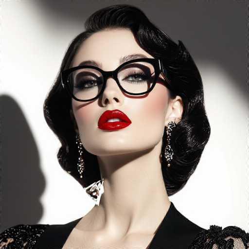 A woman with long dark hair is wearing a black dress and glasses. She has red lipstick on her lips and gold earrings. The background is white, which contrasts with the woman's dark hair and outfit.