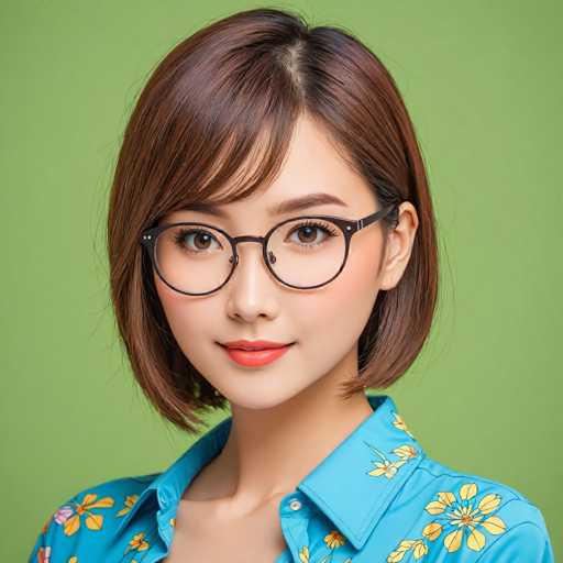 A young woman with short brown hair is wearing a blue floral shirt and black glasses against a green background.