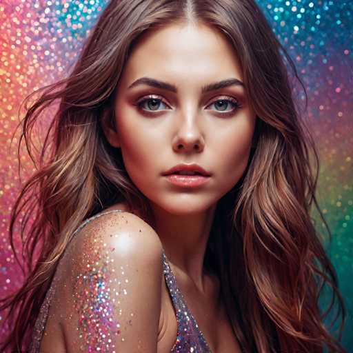 The image shows a close-up portrait of a woman with long brown hair and striking blue eyes. She is wearing a sparkly dress that catches the light, adding a touch of glamour to her appearance. The background features a vibrant display of multicolored lights, creating a festive atmosphere around the subject.