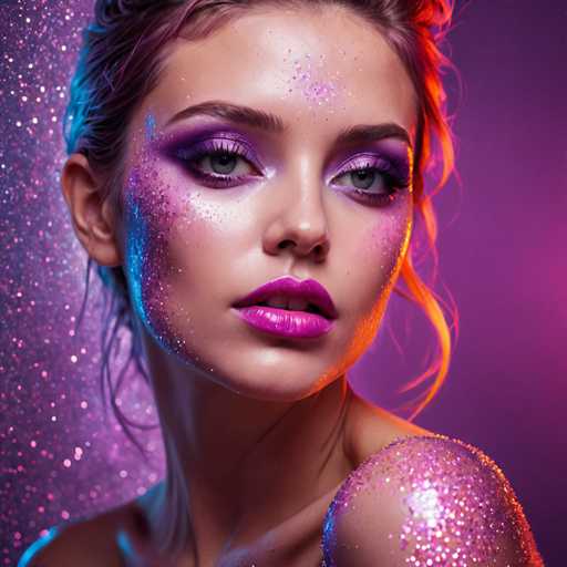 The image shows a close-up portrait of a woman with striking purple and pink makeup on her face. The background is a gradient of purple and pink, creating a dreamy atmosphere. The woman's eyes are wide open, and she has her hair styled in loose curls that fall around her shoulders.