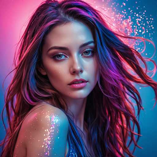 The image shows a close-up portrait of a woman with long hair and blue eyes. The background is a gradient of pink and purple colors, creating a soft and dreamy atmosphere. The woman's face is the main focus, with her eyes looking directly at the camera. She has a radiant smile on her face, adding to the overall positive vibe of the image.