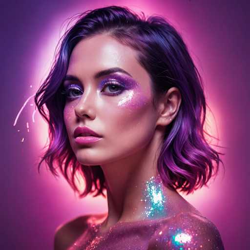 A young woman with long purple hair is the main subject of this image. She has a unique style that combines elements of both makeup and body art. Her hair is styled in loose waves, adding to her overall look. The background features a gradient of colors transitioning from pink at the top to purple at the bottom, creating a visually striking effect. The woman's face is adorned with glittery makeup, which adds an extra sparkle to her appearance.