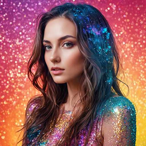 A young woman with long brown hair is the main subject of this image. She is wearing a shimmering dress that is predominantly blue and purple, adorned with gold accents. The background features a gradient of colors, transitioning from pink to orange at the top and bottom corners, creating an ethereal glow effect. The woman's gaze is directed straight at the camera, giving her a serious expression as she looks directly into it.