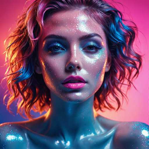 The image shows a close-up portrait of a woman with blue hair and makeup. The background is a gradient of pink and purple hues, creating a visually striking contrast against the woman's vibrant appearance. The woman has her face turned towards the camera, giving us a clear view of her features and expression.