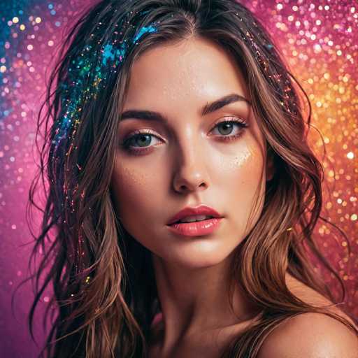 The image shows a close-up portrait of a young woman with long brown hair and green eyes. She is wearing a colorful headband that adds a vibrant touch to her appearance. The background features a gradient of colors, transitioning from pink at the top to purple at the bottom, creating an artistic and visually appealing backdrop for the photograph.