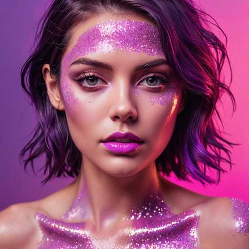The image shows a close-up portrait of a woman with purple glitter on her face and body. The background is a gradient of pink and purple colors that complements the overall color scheme of the image. The woman's hair is styled in loose waves, adding to the bohemian aesthetic.