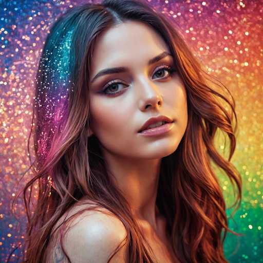 The image shows a close-up portrait of a young woman with long brown hair styled in loose waves and adorned with colorful glittery hair extensions that shimmer against the backdrop of a rainbow-colored background. The woman's face is turned towards the camera, creating an engaging visual connection between the viewer and the subject.