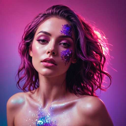 A young woman with long dark hair is the main subject of this image. She has a unique style that includes purple and blue glitter on her face and shoulders. The background is a gradient of pink and purple colors, which complements the overall look.