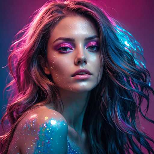 The image shows a close-up portrait of a woman with long brown hair and blue eyes. She is wearing a dress that has blue and purple glitter on it, giving her an ethereal appearance. The background is a gradient of pink and blue colors, which complements the overall look.